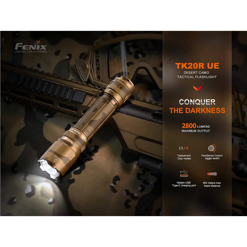Fenix TK20R UE Flashlight - Tactical 2800 Lumens, USB-C, 465m Range